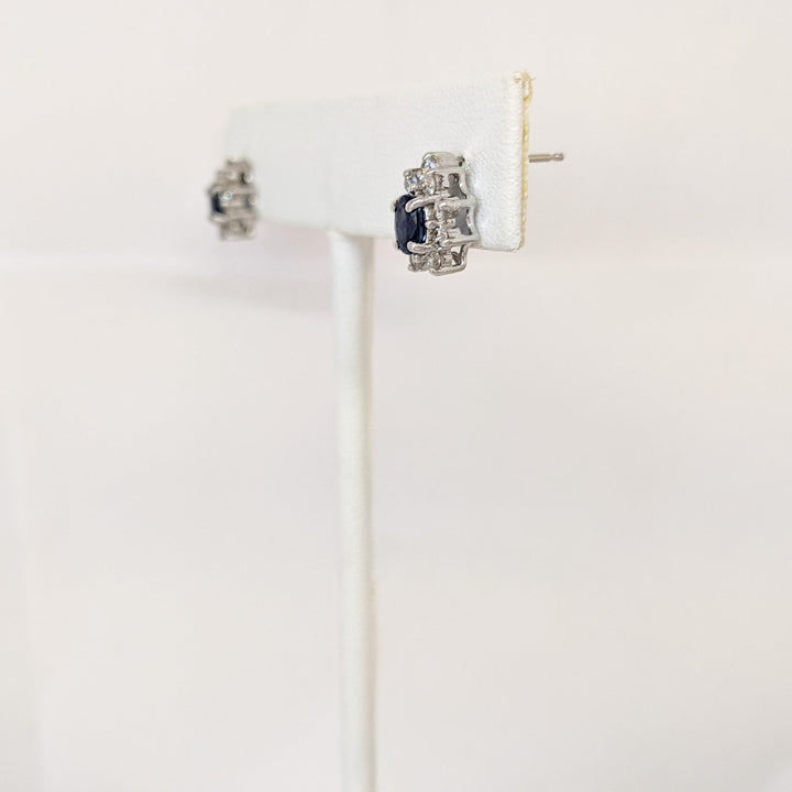 14K WHITE SAPPHIRE OVAL 3X5 (2) WITH MELEE .27 DIAMOND TOTAL WEIGHT ESTATE EARRINGS 1.1 GRAMS