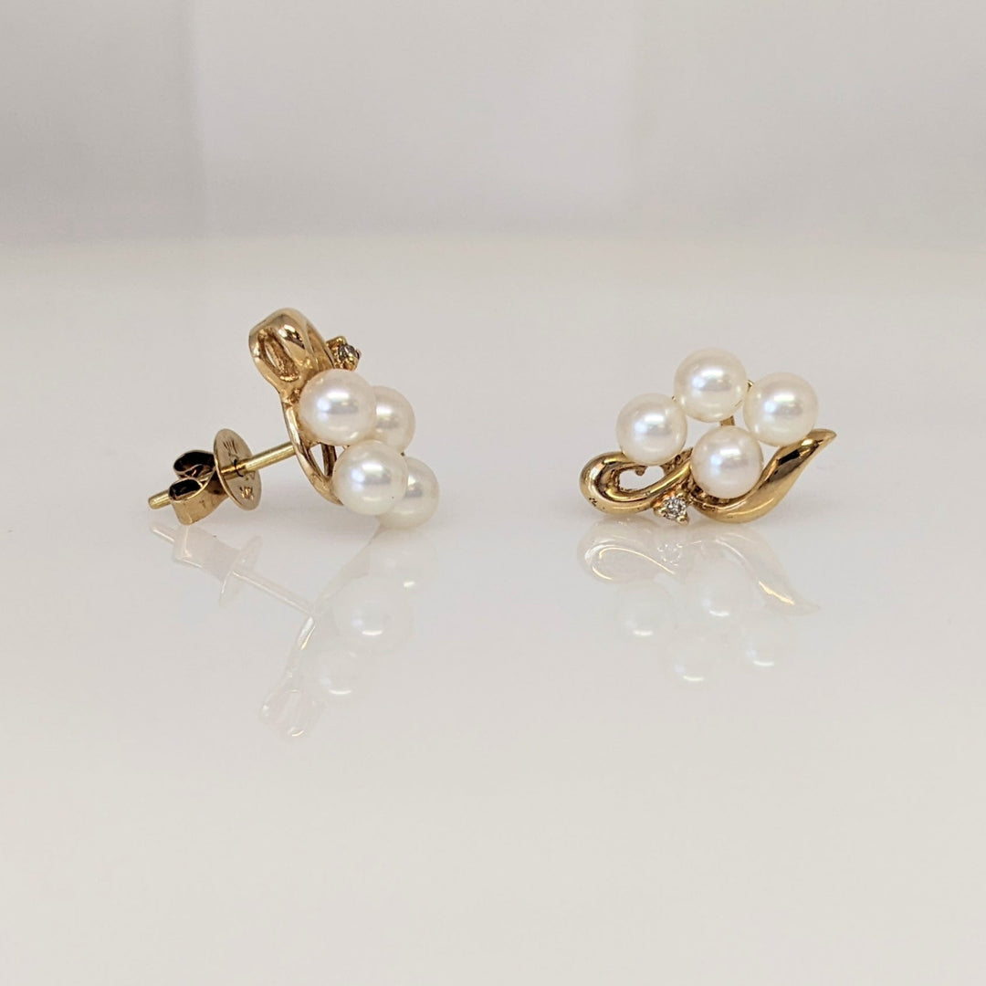 14K PEARL ROUND (8) 3-4MM CLUSTER WITH MELEE ESTATE EARRINGS 2.8 GRAMS