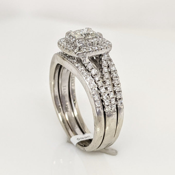 14K WHITE .96 CARAT TOTAL WEIGHT SI2-I1I-H DIAMOND CUSHION CUT WITH (100) ROUND ESTATE RING 6.8 GRAMS