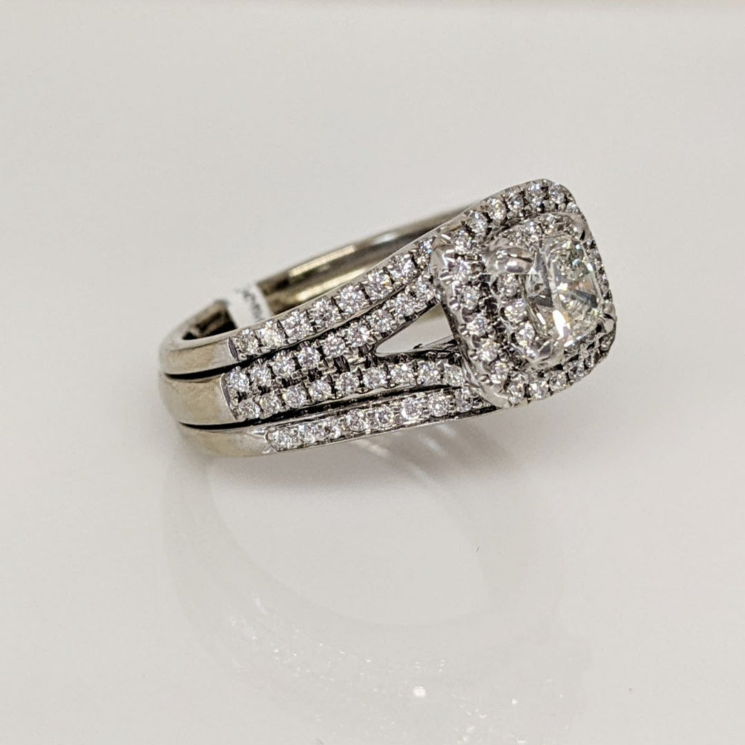 14K WHITE .96 CARAT TOTAL WEIGHT SI2-I1I-H DIAMOND CUSHION CUT WITH (100) ROUND ESTATE RING 6.8 GRAMS