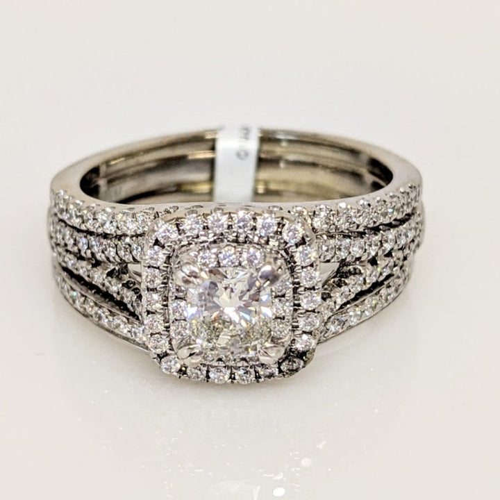 14K WHITE .96 CARAT TOTAL WEIGHT SI2-I1I-H DIAMOND CUSHION CUT WITH (100) ROUND ESTATE RING 6.8 GRAMS