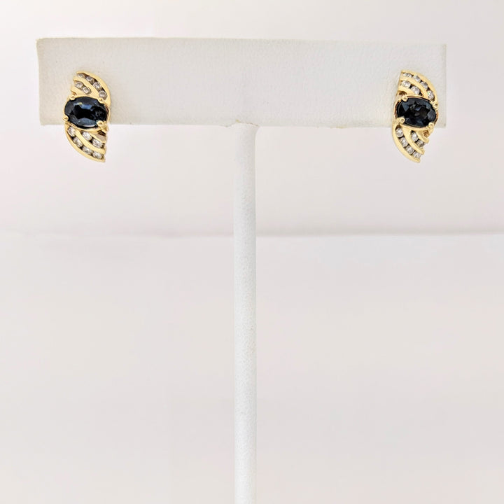 14K SAPPHIRE OVAL 4X6 (2) WITH .24 DIAMOND TOTAL WEIGHT (24) ROUND ESTATE EARRINGS 4.2 GRAMS
