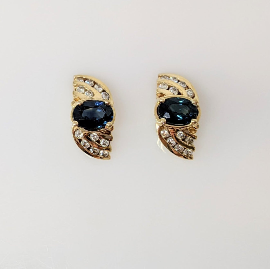14K SAPPHIRE OVAL 4X6 (2) WITH .24 DIAMOND TOTAL WEIGHT (24) ROUND ESTATE EARRINGS 4.2 GRAMS