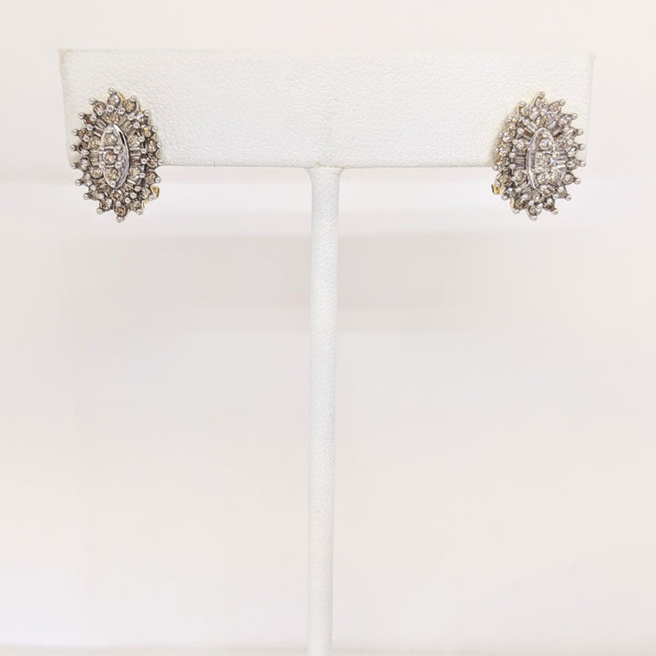 10K 1.07 CARAT TOTAL WEIGHT I1 M DIAMOND ROUND (54) BAGUETTES (24) ESTATE EARRINGS 4.3 GRAMS