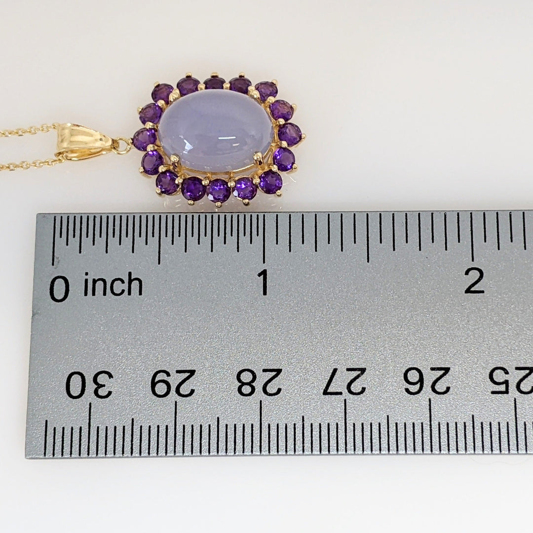 14K PURPLE JADE CABOCHON 10X14 WITH (16) 3MM AMETHYST ESTATE PENDANT & CHAIN 5.8 GRAMS