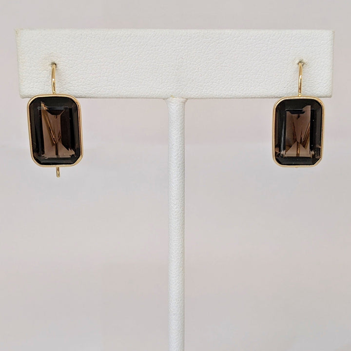 14K SMOKEY TOPAZ EMERALD CUT 10X14 BEZEL HOOK ESTATE EARRINGS 3.4 GRAMS