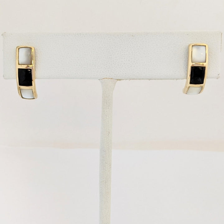 14K MOTHER OF PEARL /ONYX HALF HOOP ESTATE EARRINGS 2.6 GRAMS
