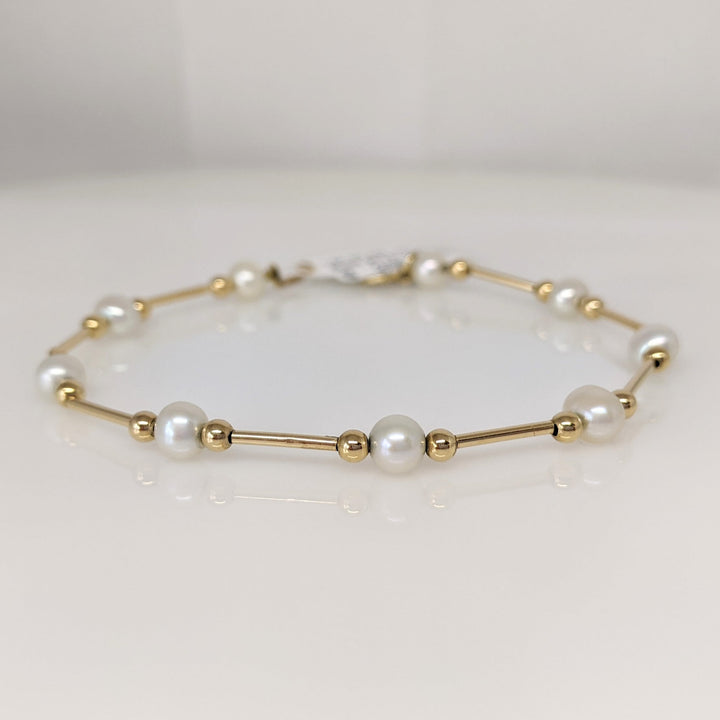 14K PEARL ROUND (9) 5MM WITH GOLD BEAD/LINK ESTATE BRACELET 2.4 GRAMS