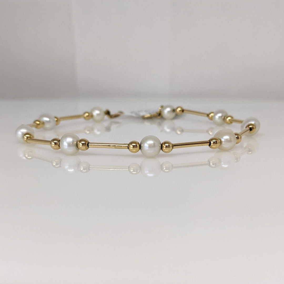 14K PEARL ROUND (9) 5MM WITH GOLD BEAD/LINK ESTATE BRACELET 2.4 GRAMS
