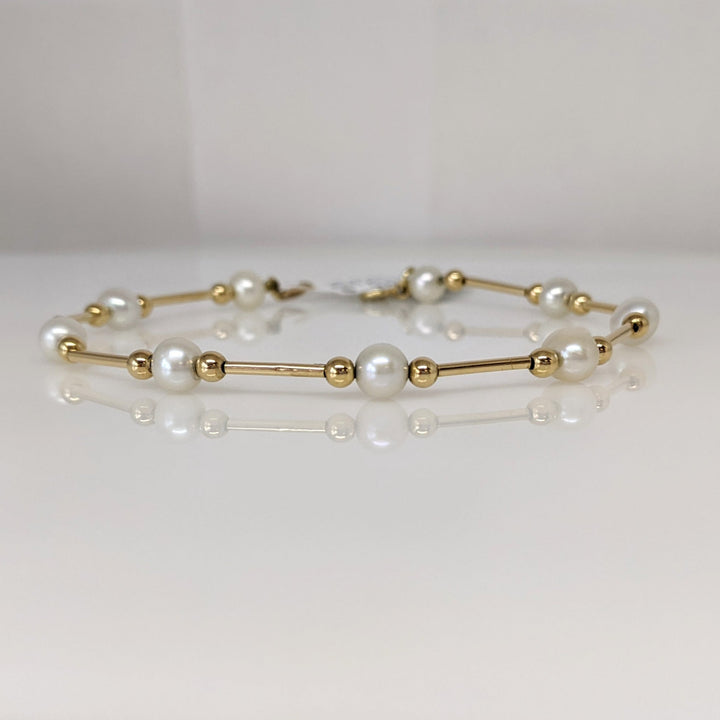 14K PEARL ROUND (9) 5MM WITH GOLD BEAD/LINK ESTATE BRACELET 2.4 GRAMS