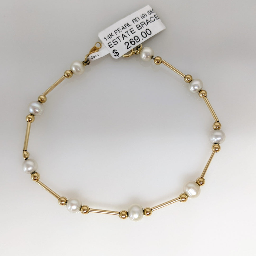 14K PEARL ROUND (9) 5MM WITH GOLD BEAD/LINK ESTATE BRACELET 2.4 GRAMS