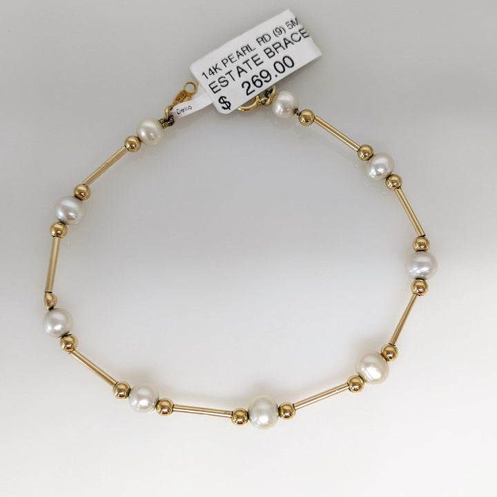 14K PEARL ROUND (9) 5MM WITH GOLD BEAD/LINK ESTATE BRACELET 2.4 GRAMS