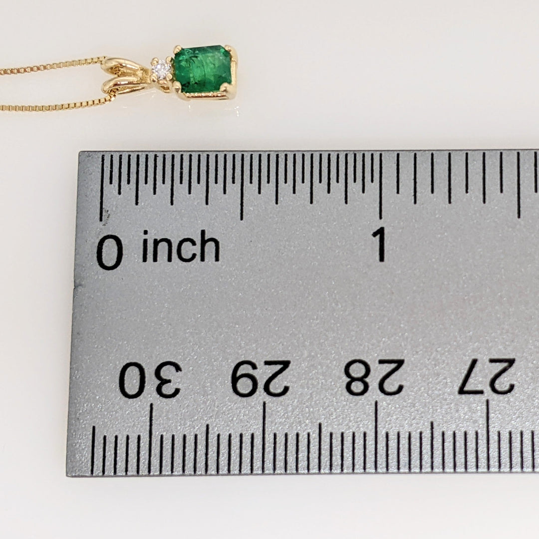 14K EMERALD CUT EMERALD 4X5 WITH MELEE ESTATE PENDANT & CHAIN 1.9 GRAMS