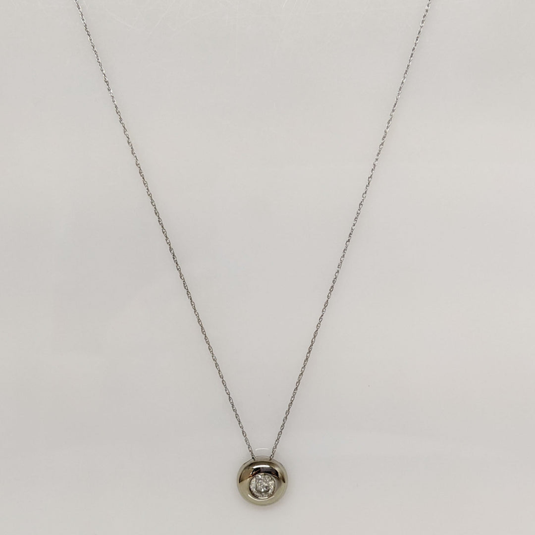 14K WHITE .50 CARAT TOTAL I2 H DIAMOND ROUND BEZEL ESTATE PENDANT & CHAIN 2.1 GRAMS