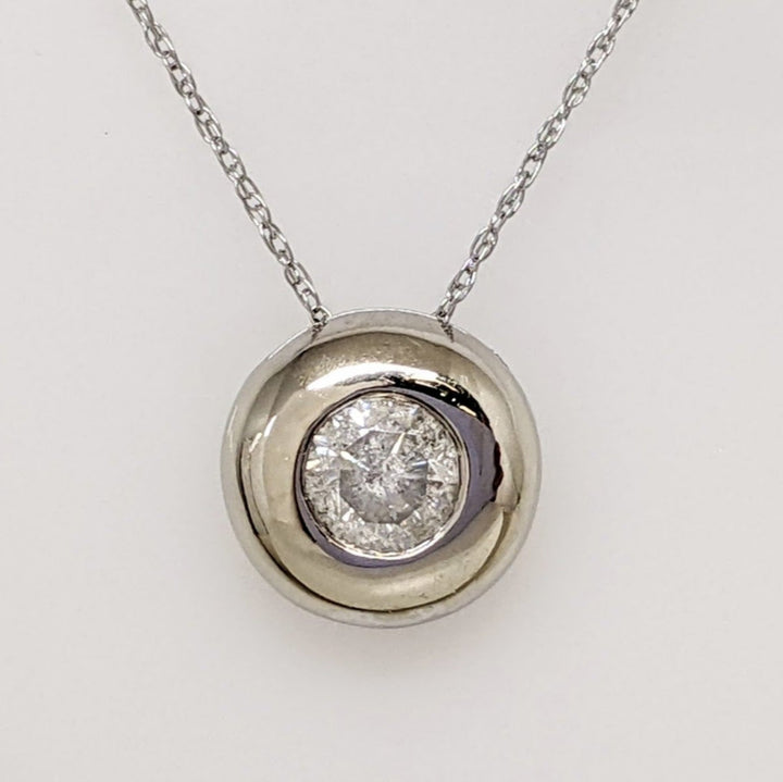 14K WHITE .50 CARAT TOTAL I2 H DIAMOND ROUND BEZEL ESTATE PENDANT & CHAIN 2.1 GRAMS