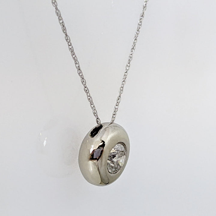 14K WHITE .50 CARAT TOTAL I2 H DIAMOND ROUND BEZEL ESTATE PENDANT & CHAIN 2.1 GRAMS