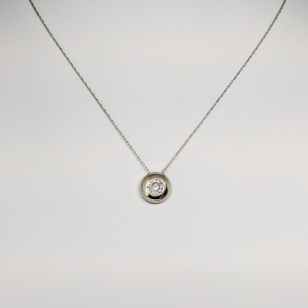 14K WHITE .50 CARAT TOTAL I2 H DIAMOND ROUND BEZEL ESTATE PENDANT & CHAIN 2.1 GRAMS