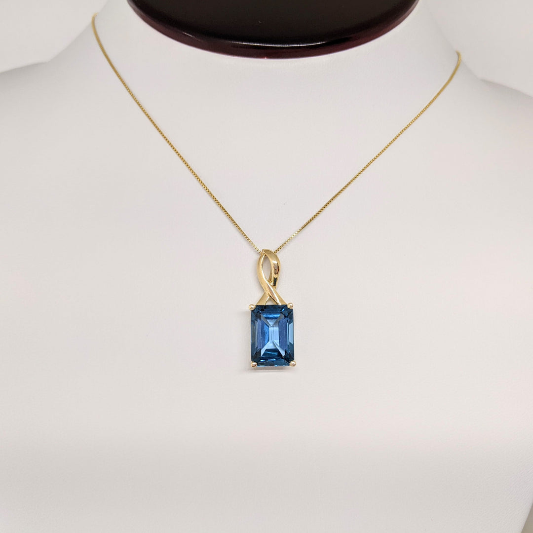 10K LONDON BLUE TOPAZ EMERALD CUT 10X14 ESTATE PENDANT & 14K CHAIN 4.9 GRAMS