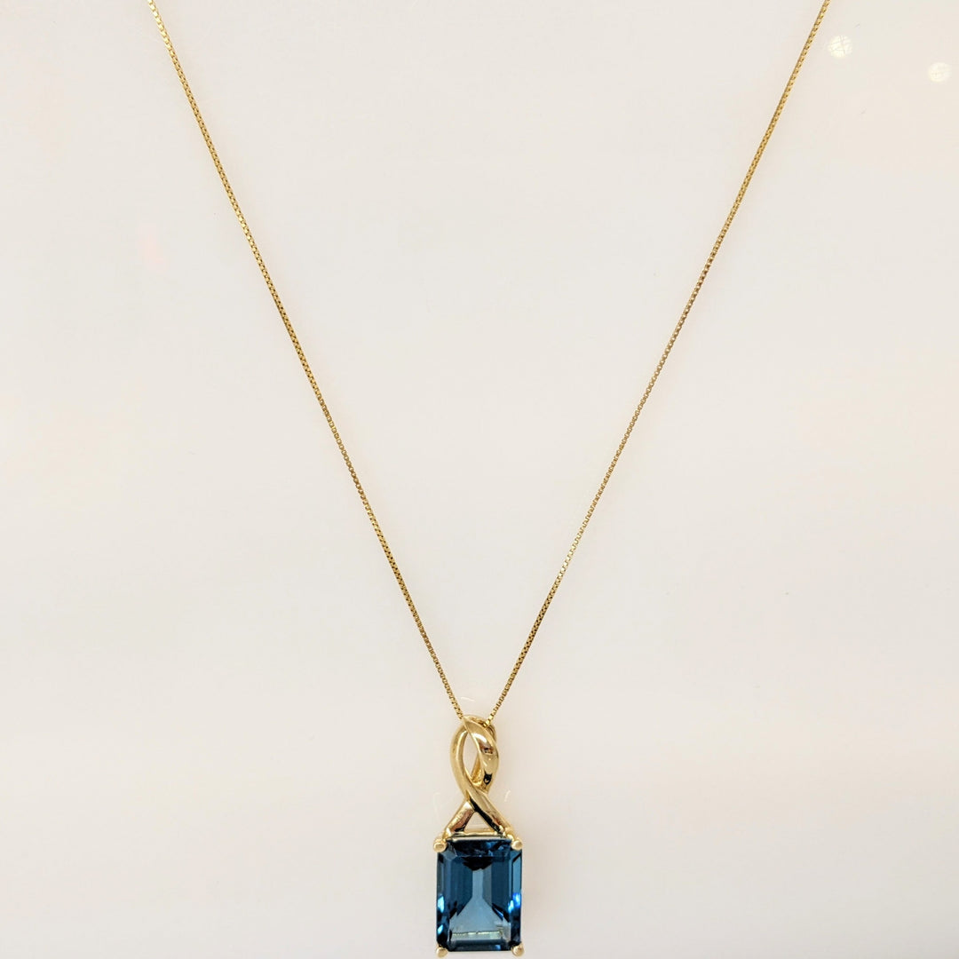 10K LONDON BLUE TOPAZ EMERALD CUT 10X14 ESTATE PENDANT & 14K CHAIN 4.9 GRAMS