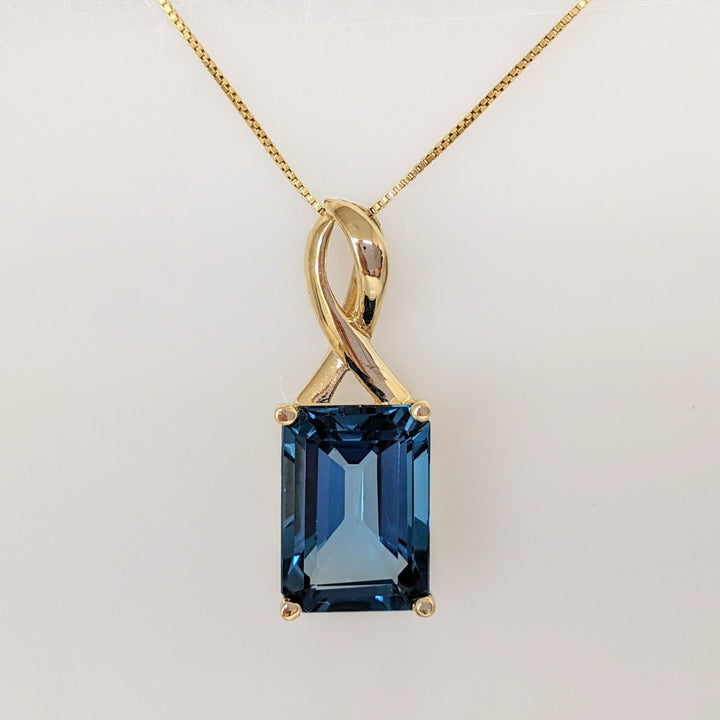 10K LONDON BLUE TOPAZ EMERALD CUT 10X14 ESTATE PENDANT & 14K CHAIN 4.9 GRAMS