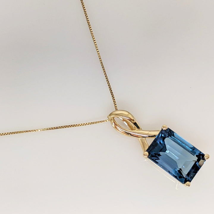 10K LONDON BLUE TOPAZ EMERALD CUT 10X14 ESTATE PENDANT & 14K CHAIN 4.9 GRAMS