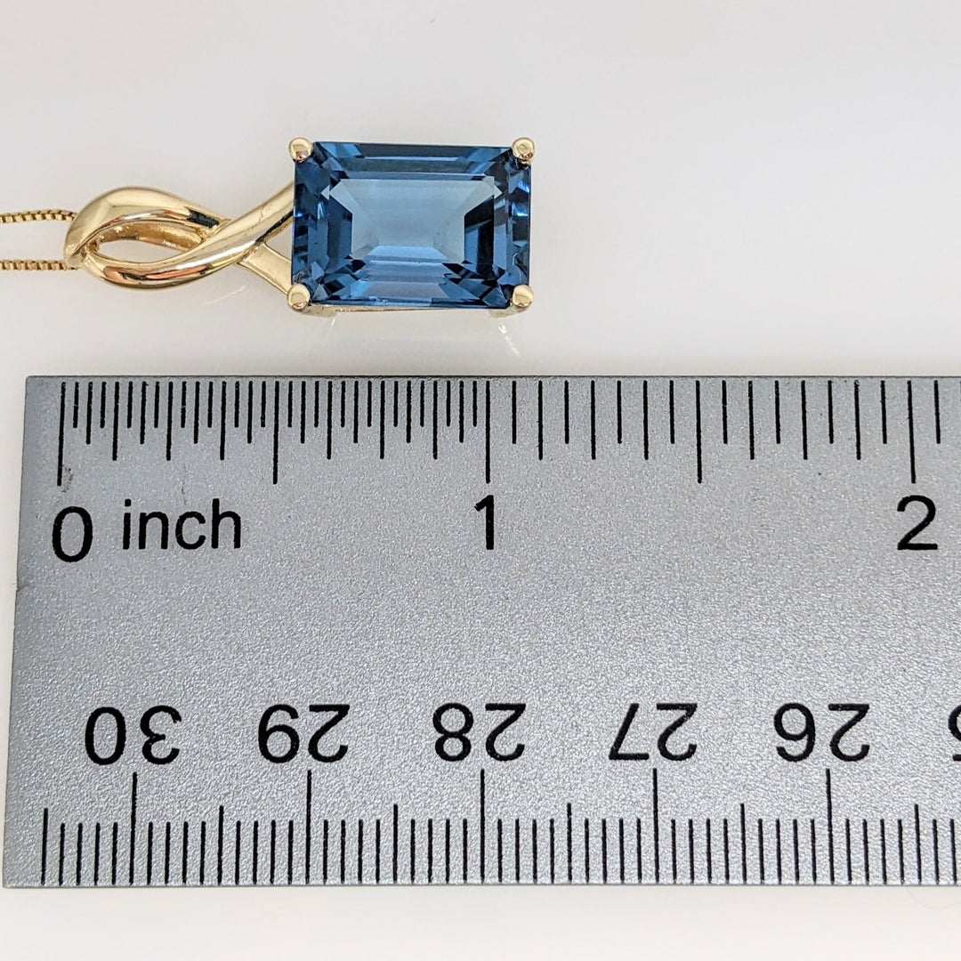 10K LONDON BLUE TOPAZ EMERALD CUT 10X14 ESTATE PENDANT & 14K CHAIN 4.9 GRAMS