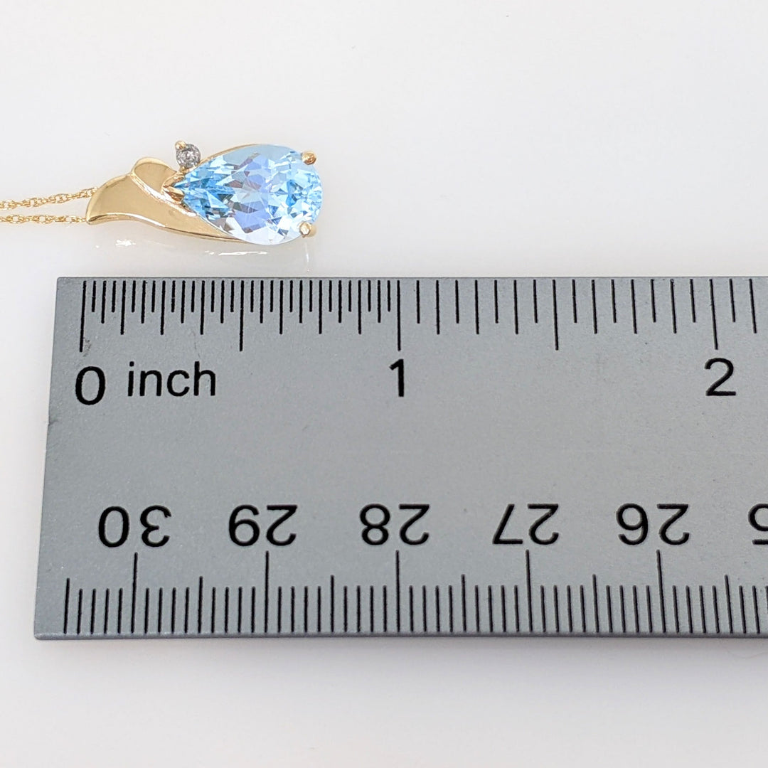 14K BLUE TOPAZ PEAR 8X10 WITH MELEE ESTATE PENDANT & CHAIN 2.3 GRAMS
