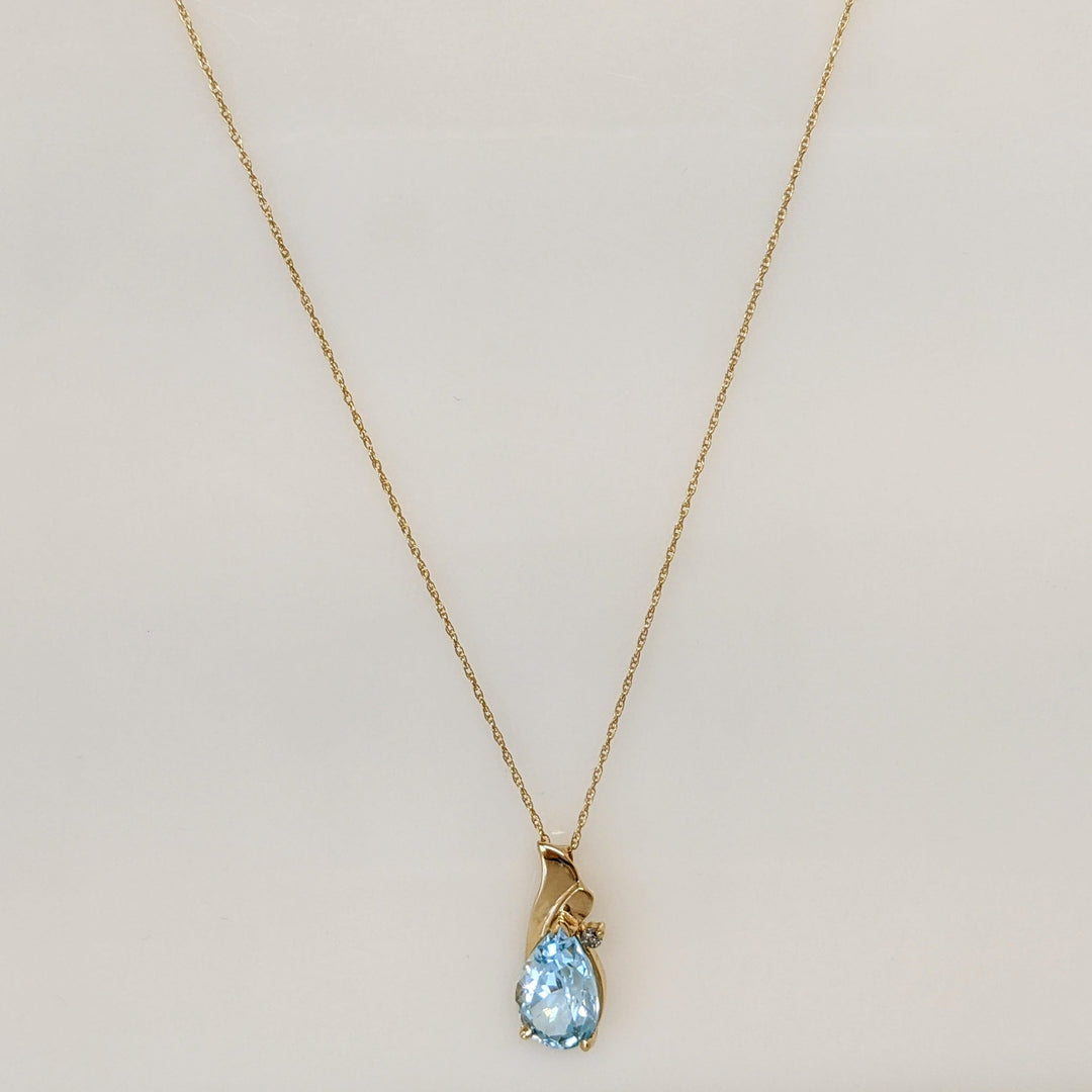 14K BLUE TOPAZ PEAR 8X10 WITH MELEE ESTATE PENDANT & CHAIN 2.3 GRAMS