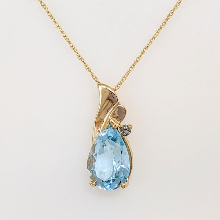 14K BLUE TOPAZ PEAR 8X10 WITH MELEE ESTATE PENDANT & CHAIN 2.3 GRAMS