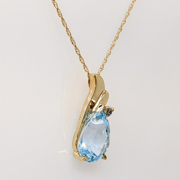 14K BLUE TOPAZ PEAR 8X10 WITH MELEE ESTATE PENDANT & CHAIN 2.3 GRAMS
