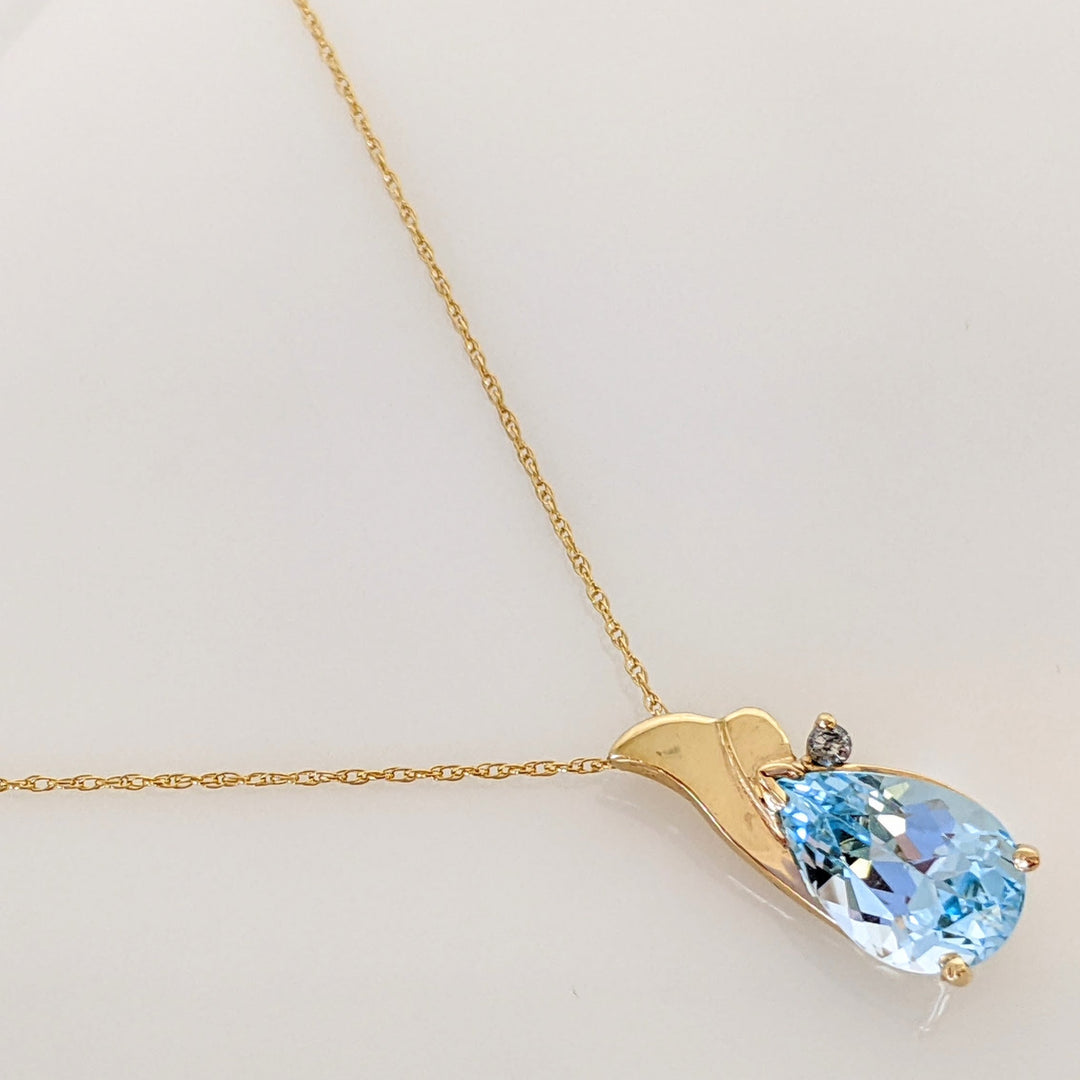 14K BLUE TOPAZ PEAR 8X10 WITH MELEE ESTATE PENDANT & CHAIN 2.3 GRAMS