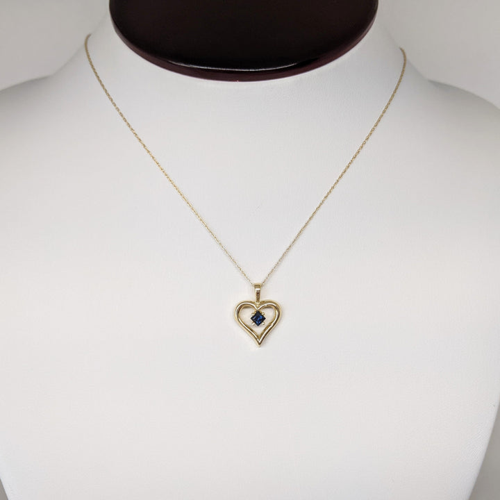 14K SAPPHIRE PRINCESS CUT 3MM ESTATE HEART PENDANT & CHAIN 2.1 GRAMS