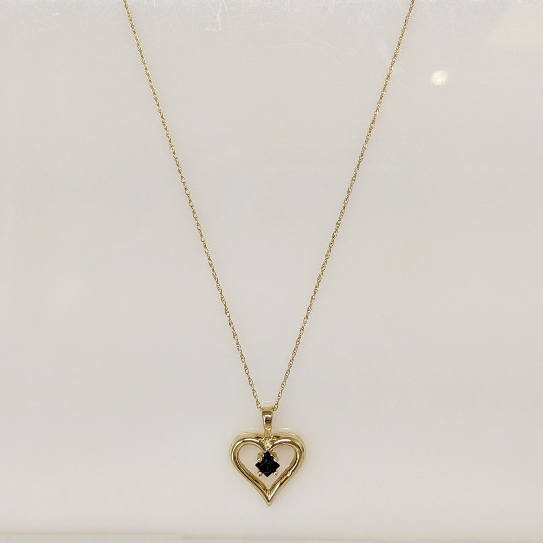 14K SAPPHIRE PRINCESS CUT 3MM ESTATE HEART PENDANT & CHAIN 2.1 GRAMS