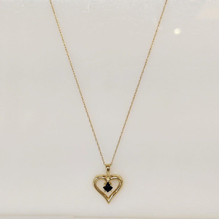 14K SAPPHIRE PRINCESS CUT 3MM ESTATE HEART PENDANT & CHAIN 2.1 GRAMS