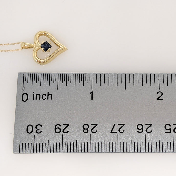 14K SAPPHIRE PRINCESS CUT 3MM ESTATE HEART PENDANT & CHAIN 2.1 GRAMS