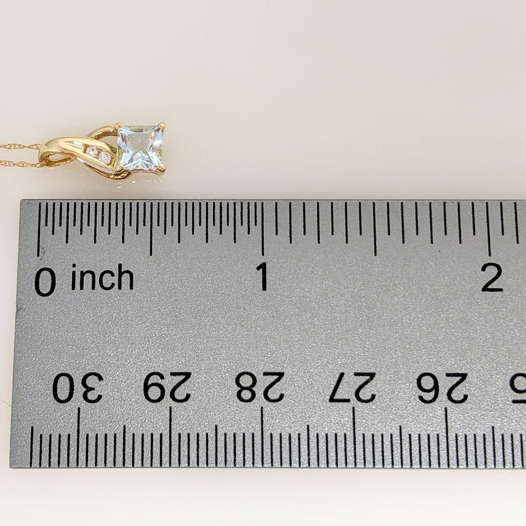 10K AQUAMARINE PRINCESS CUT 5MM WITH MELEE ESTATE PENDANT & CHAIN 1.2 GRAMS