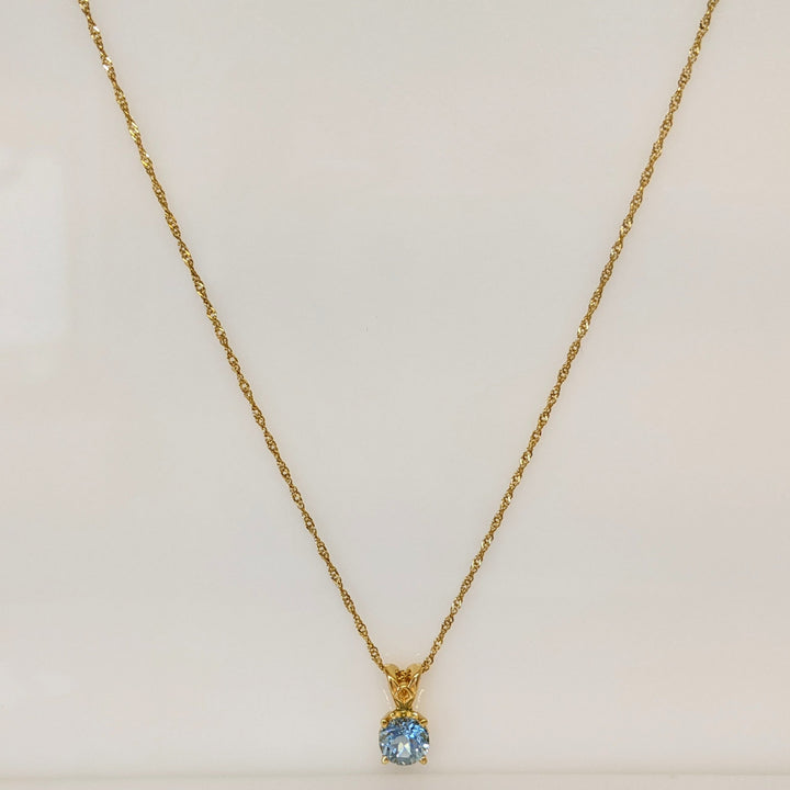 14K AQUAMARINE ROUND 6MM SOLITAIRE ESTATE PENDANT & CHAIN 1.9 GRAMS
