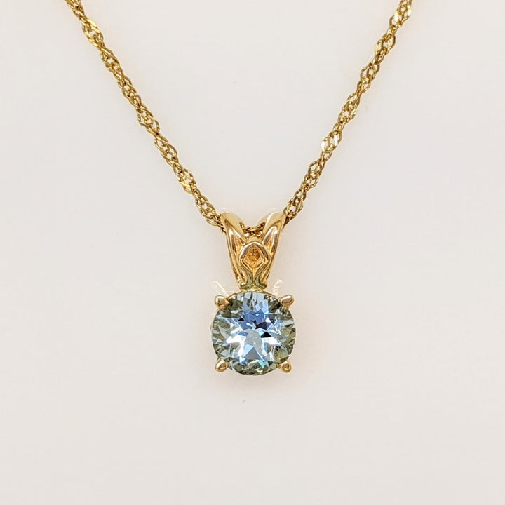 14K AQUAMARINE ROUND 6MM SOLITAIRE ESTATE PENDANT & CHAIN 1.9 GRAMS