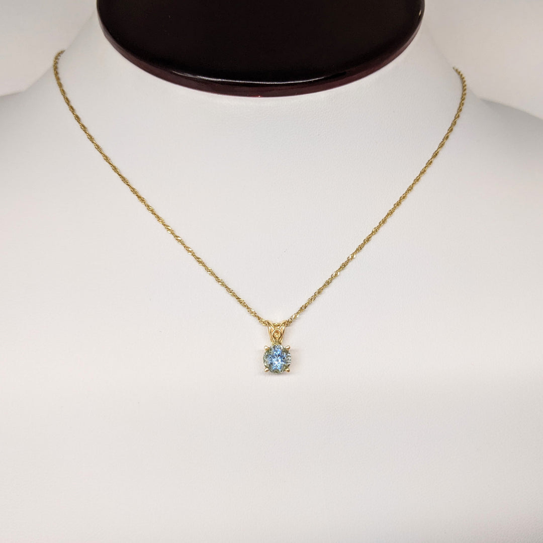 14K AQUAMARINE ROUND 6MM SOLITAIRE ESTATE PENDANT & CHAIN 1.9 GRAMS
