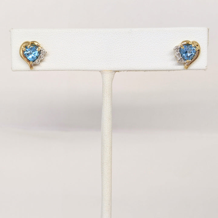 10K BLUE TOPAZ HEART 5MM WITH MELEE ESTATE EARRINGS 1.6 GRAMS