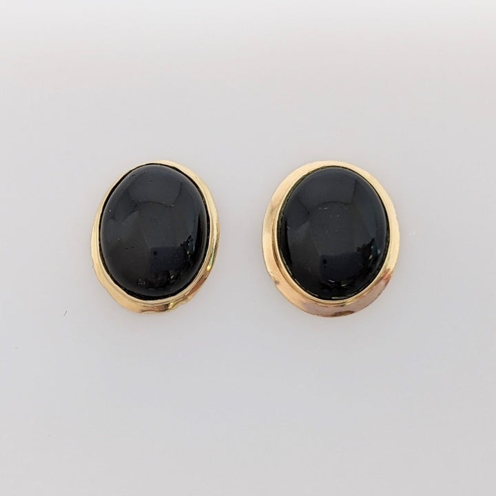 14K ONYX OVAL 8X10 GOLD TRIM STUD ESTATE EARRINGS 1.5 GRAMS