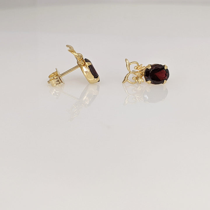 14K GARNET OVAL 5X7 OWL STUD ESTATE EARRINGS 1.3 GRAMS