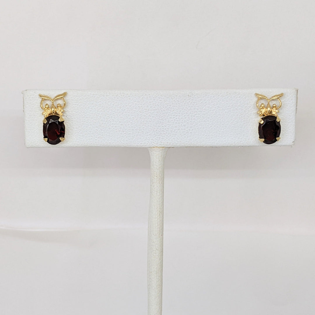 14K GARNET OVAL 5X7 OWL STUD ESTATE EARRINGS 1.3 GRAMS
