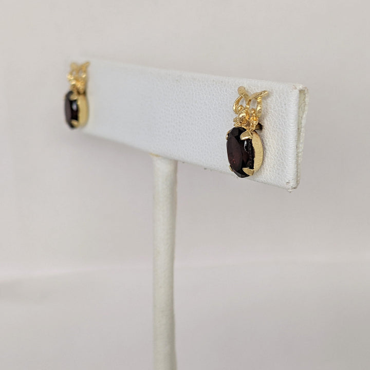 14K GARNET OVAL 5X7 OWL STUD ESTATE EARRINGS 1.3 GRAMS