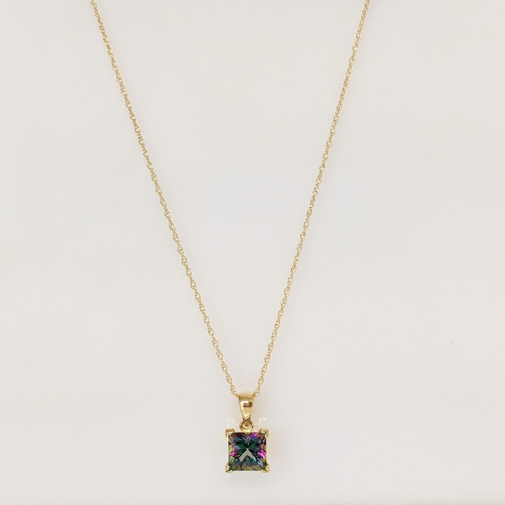 14K MYSTIC TOPAZ PRINCESS CUT 7MM ESTATE PENDANT & CHAIN 2.3 GRAMS