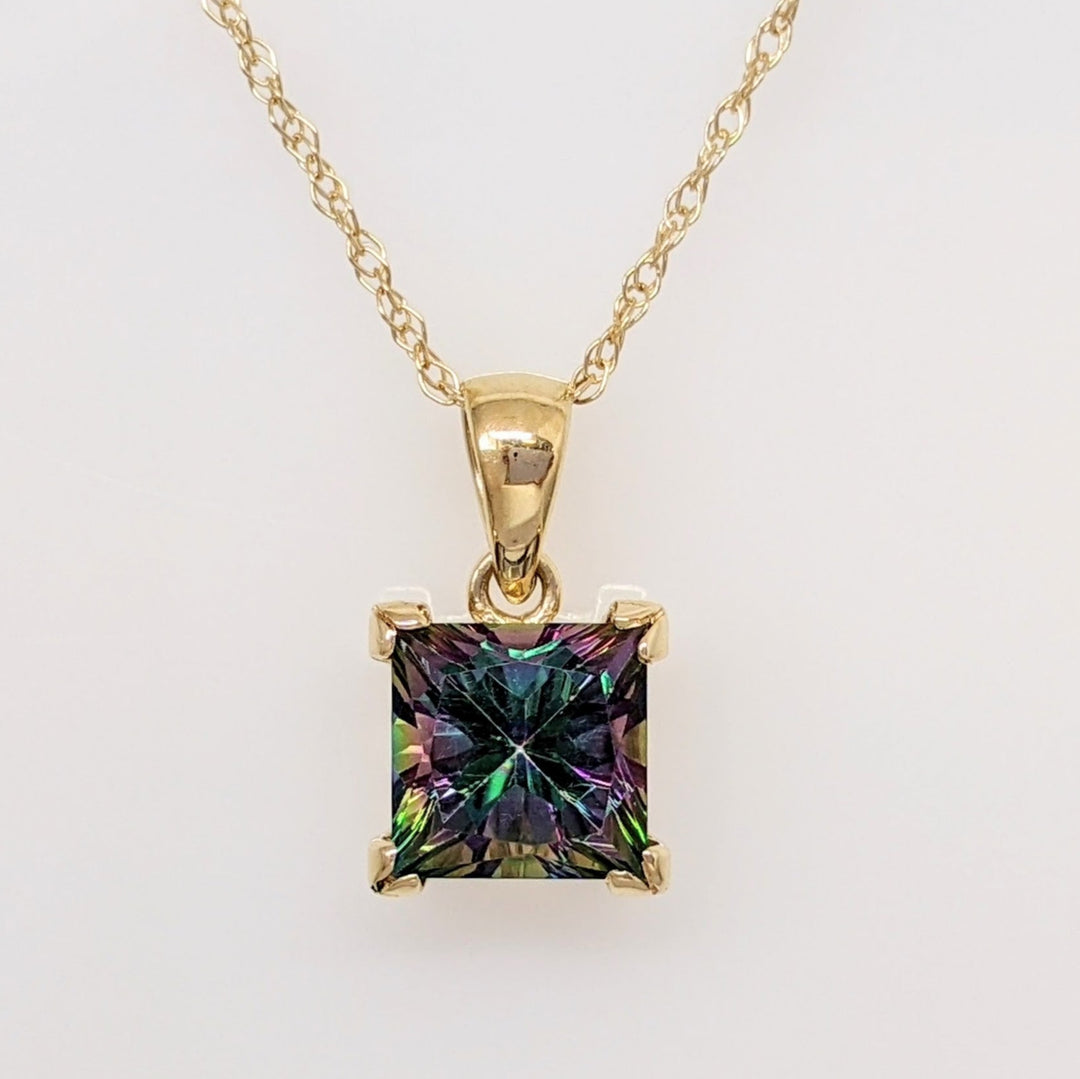 14K MYSTIC TOPAZ PRINCESS CUT 7MM ESTATE PENDANT & CHAIN 2.3 GRAMS