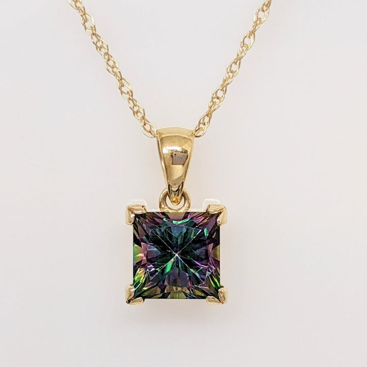 14K MYSTIC TOPAZ PRINCESS CUT 7MM ESTATE PENDANT & CHAIN 2.3 GRAMS