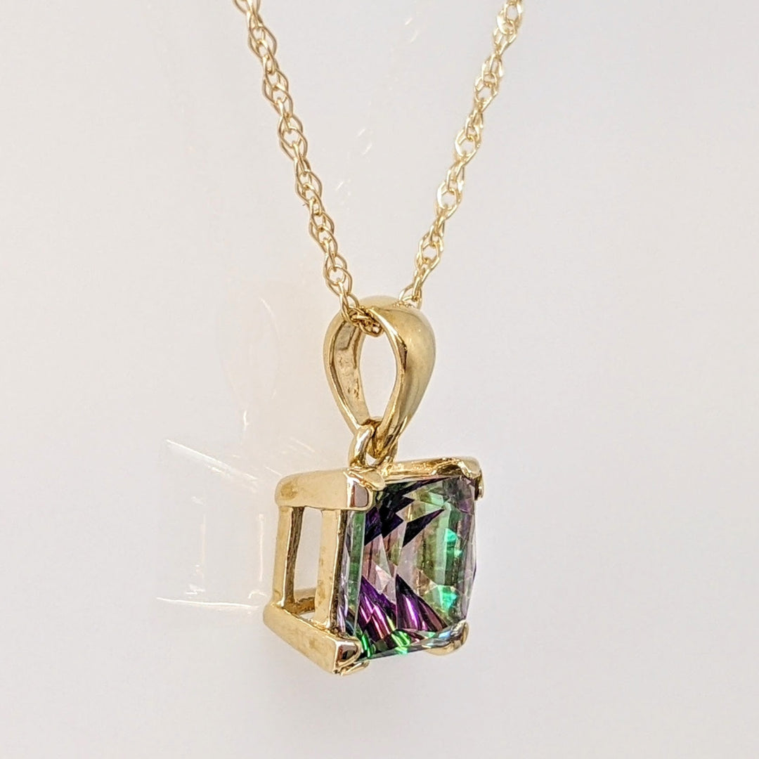 14K MYSTIC TOPAZ PRINCESS CUT 7MM ESTATE PENDANT & CHAIN 2.3 GRAMS