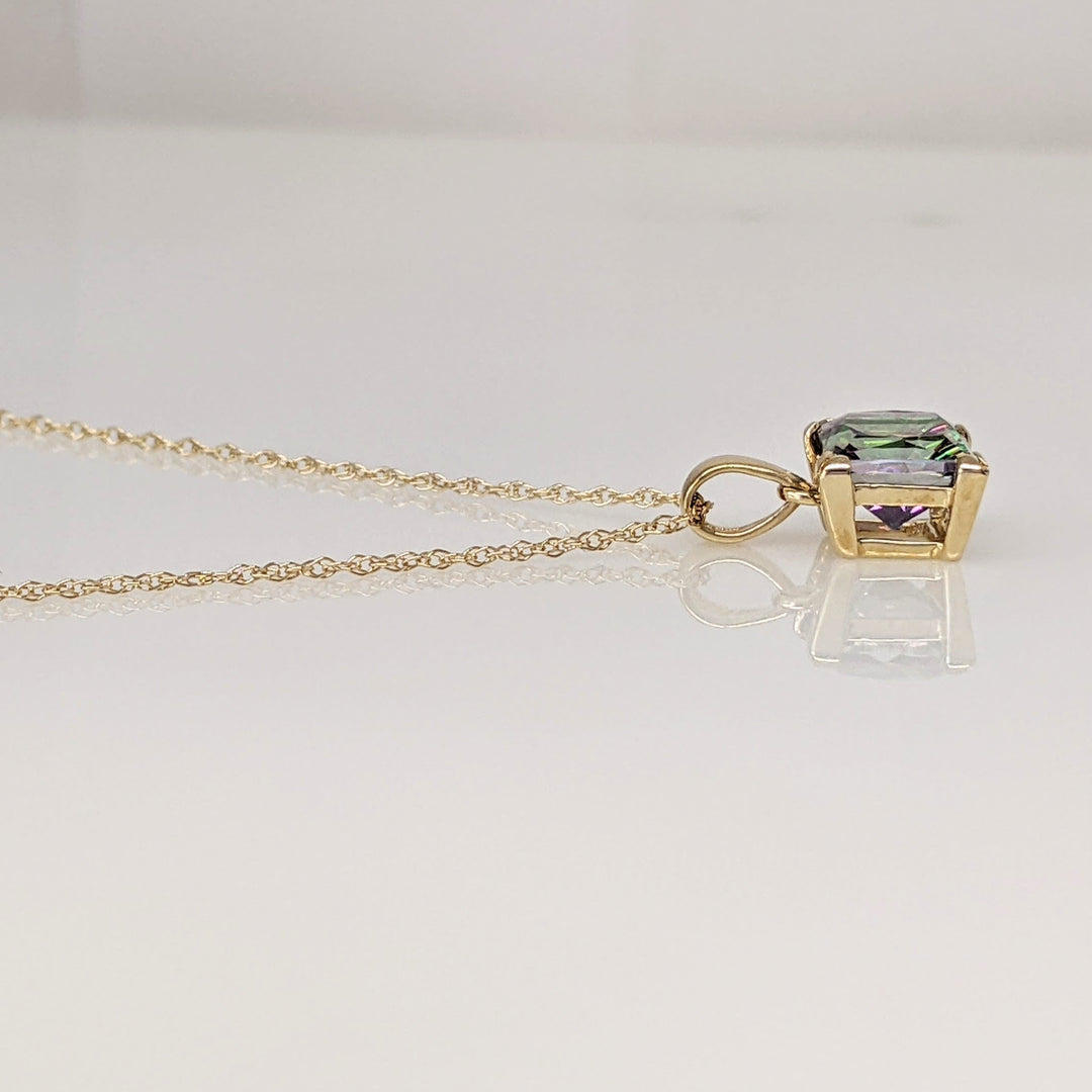 14K MYSTIC TOPAZ PRINCESS CUT 7MM ESTATE PENDANT & CHAIN 2.3 GRAMS