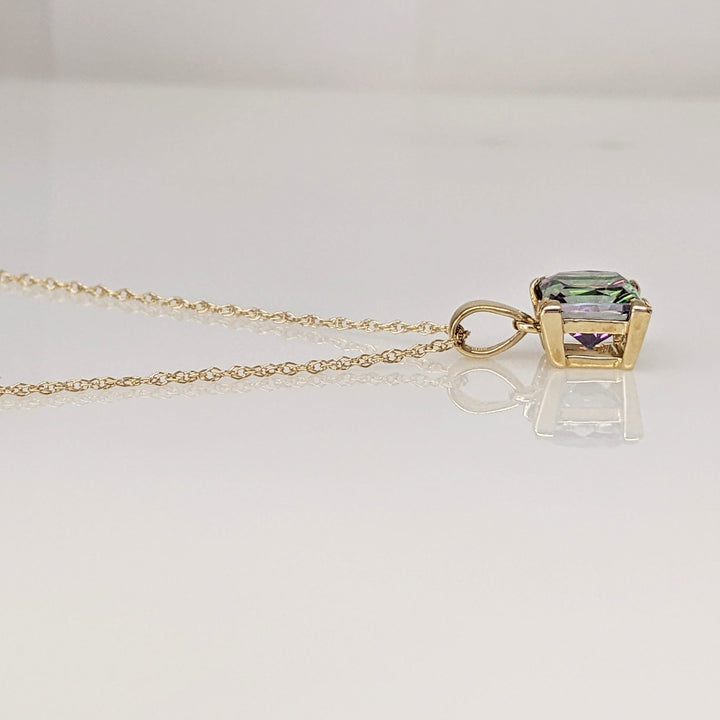 14K MYSTIC TOPAZ PRINCESS CUT 7MM ESTATE PENDANT & CHAIN 2.3 GRAMS